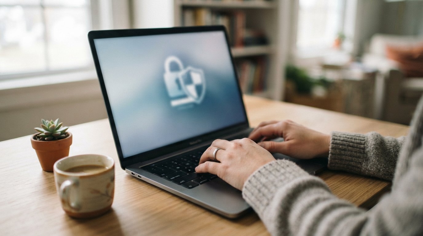 Hands typing on a laptop at a home desk, screen showing a blurred padlock and shield login interface, with a potted plant…