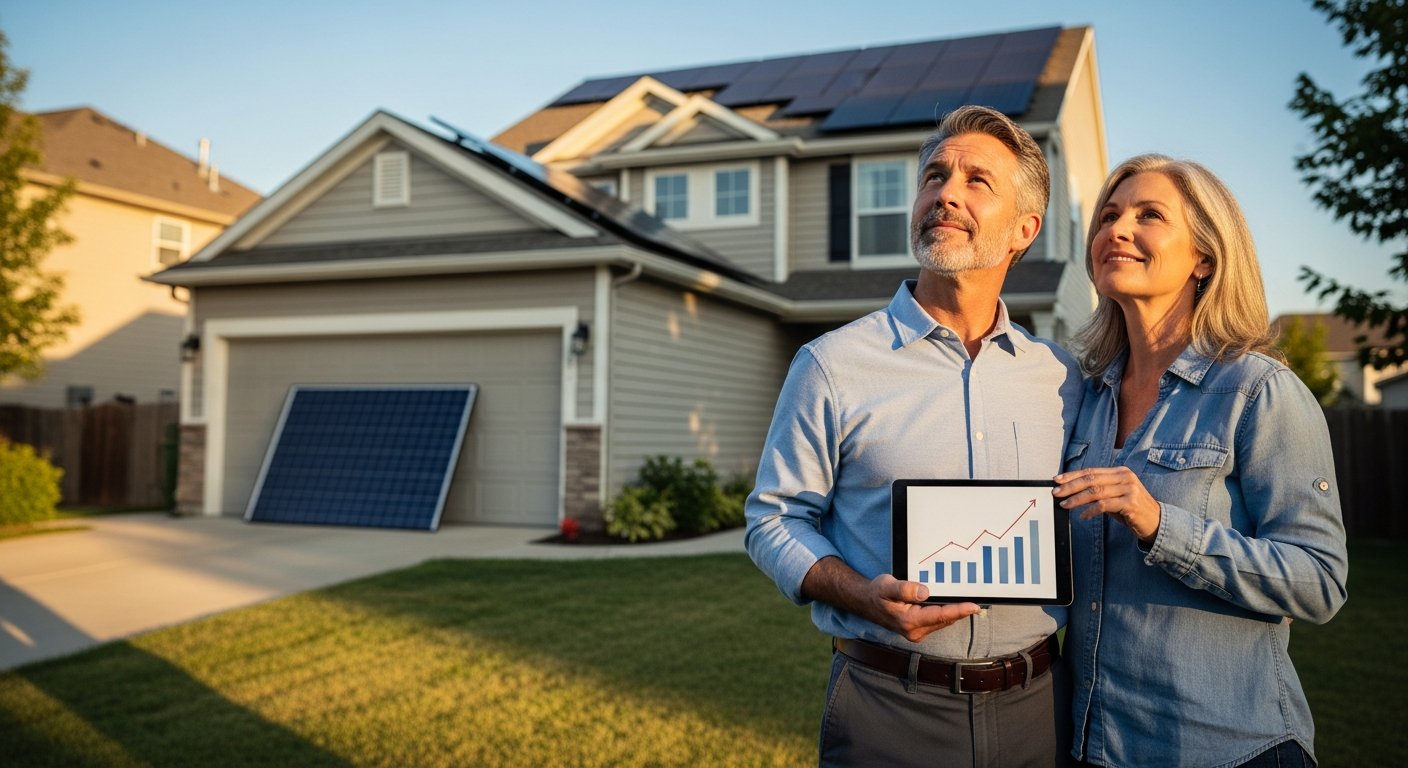 Middle-aged couple standing in their driveway, looking up at rooftop solar panels while the man holds a tablet showing an…