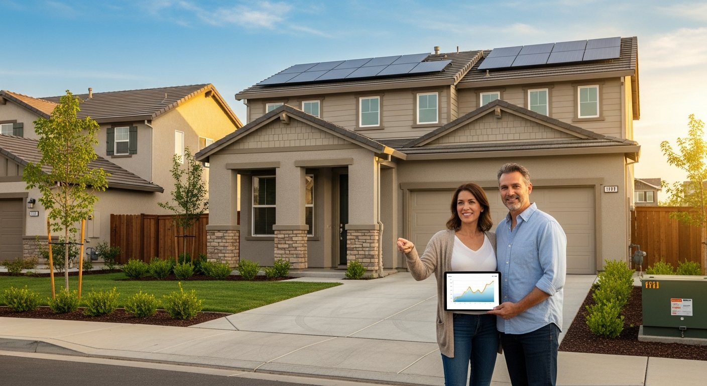 Smiling couple stands in driveway, looking up at solar panels on the roof of their two-story suburban home; husband holds…