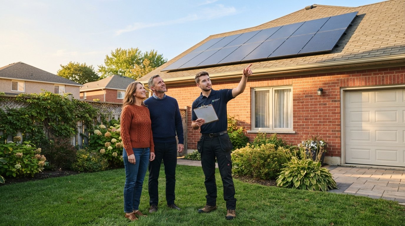 Couple in sweaters stands on a lawn with an installer holding a clipboard, all looking up at black solar panels on a brick…
