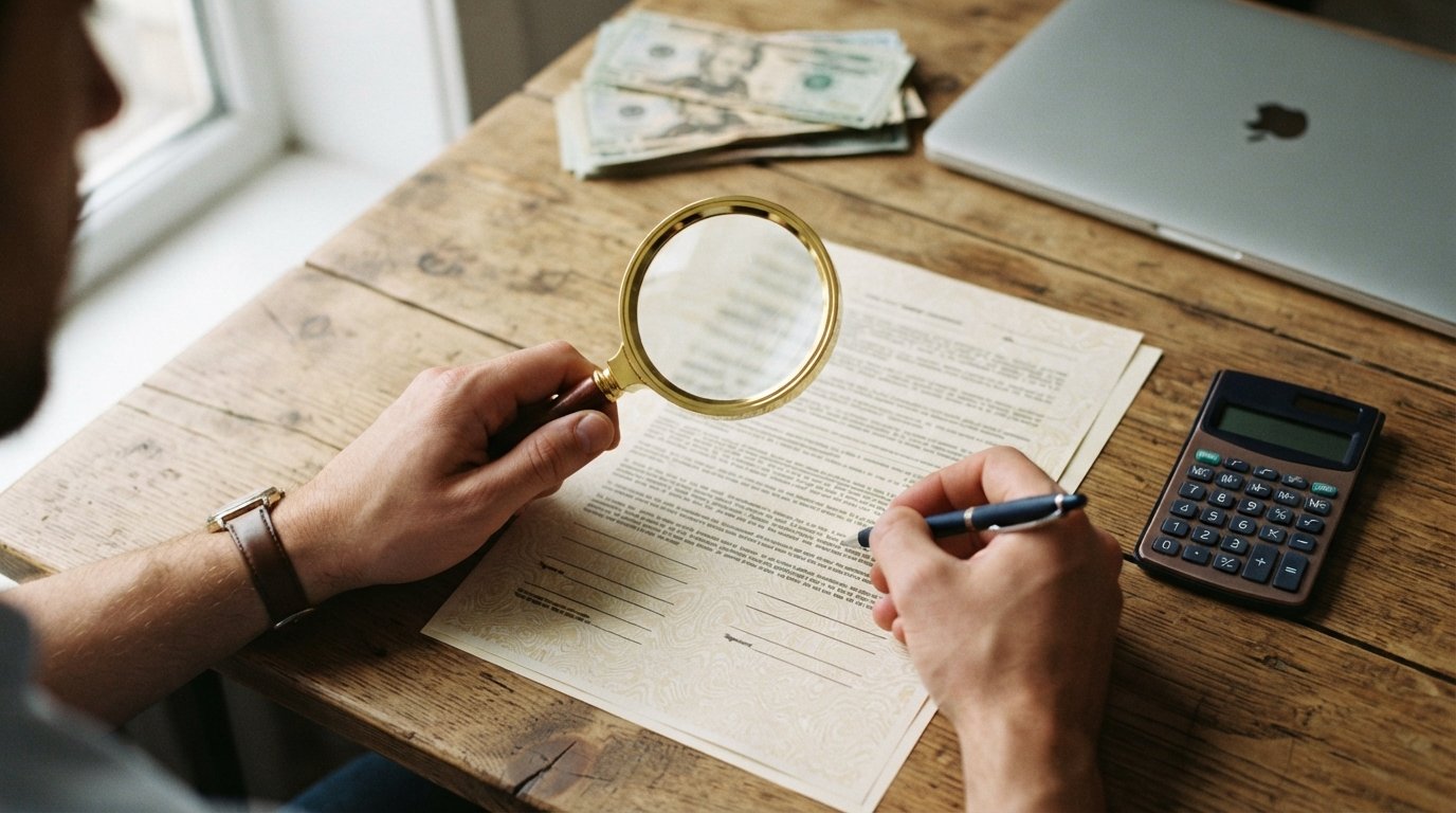 Hands holding a magnifying glass over a printed loan agreement on a wooden desk, with a pen and calculator nearby