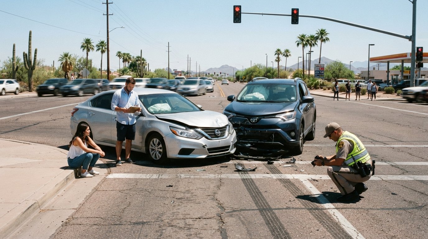 Two damaged cars at an Arizona intersection as a driver reviews paperwork and an officer inspects skid marks