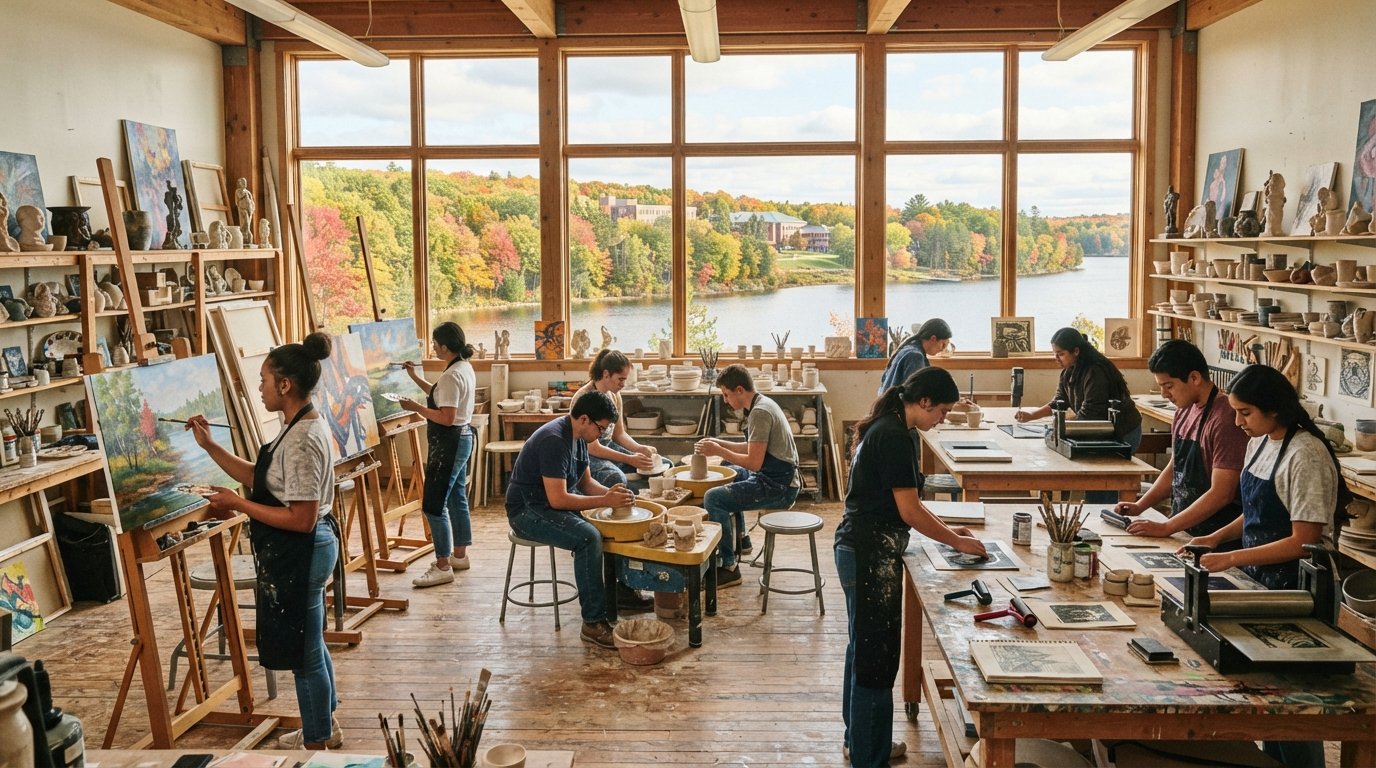 Students painting at easels and working at pottery wheels in a sunlit university art studio with large windows overlooking…