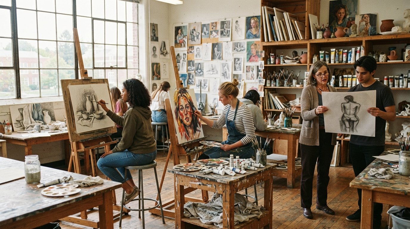 Two students sketching and painting at easels in a sunlit college art studio, with a professor reviewing a charcoal drawing…
