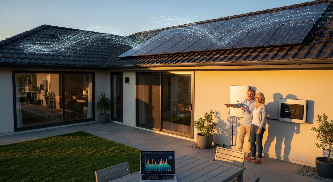 Solar panels on a house roof at sunset, with a laptop on a patio table showing an energy graph and a couple pointing at the…