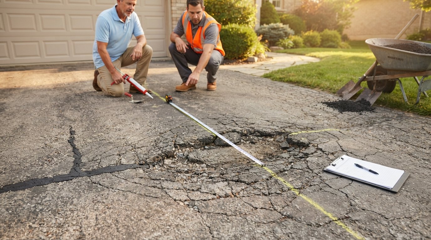 Close-up of a branching crack and sunken asphalt on a driveway, with a tape measure, chalk line, and fresh sealant patch…