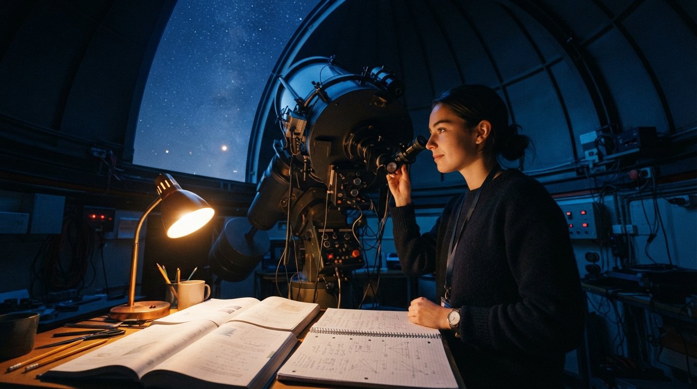 Student adjusting a large research telescope inside an observatory dome at night, with open physics textbooks and equations…