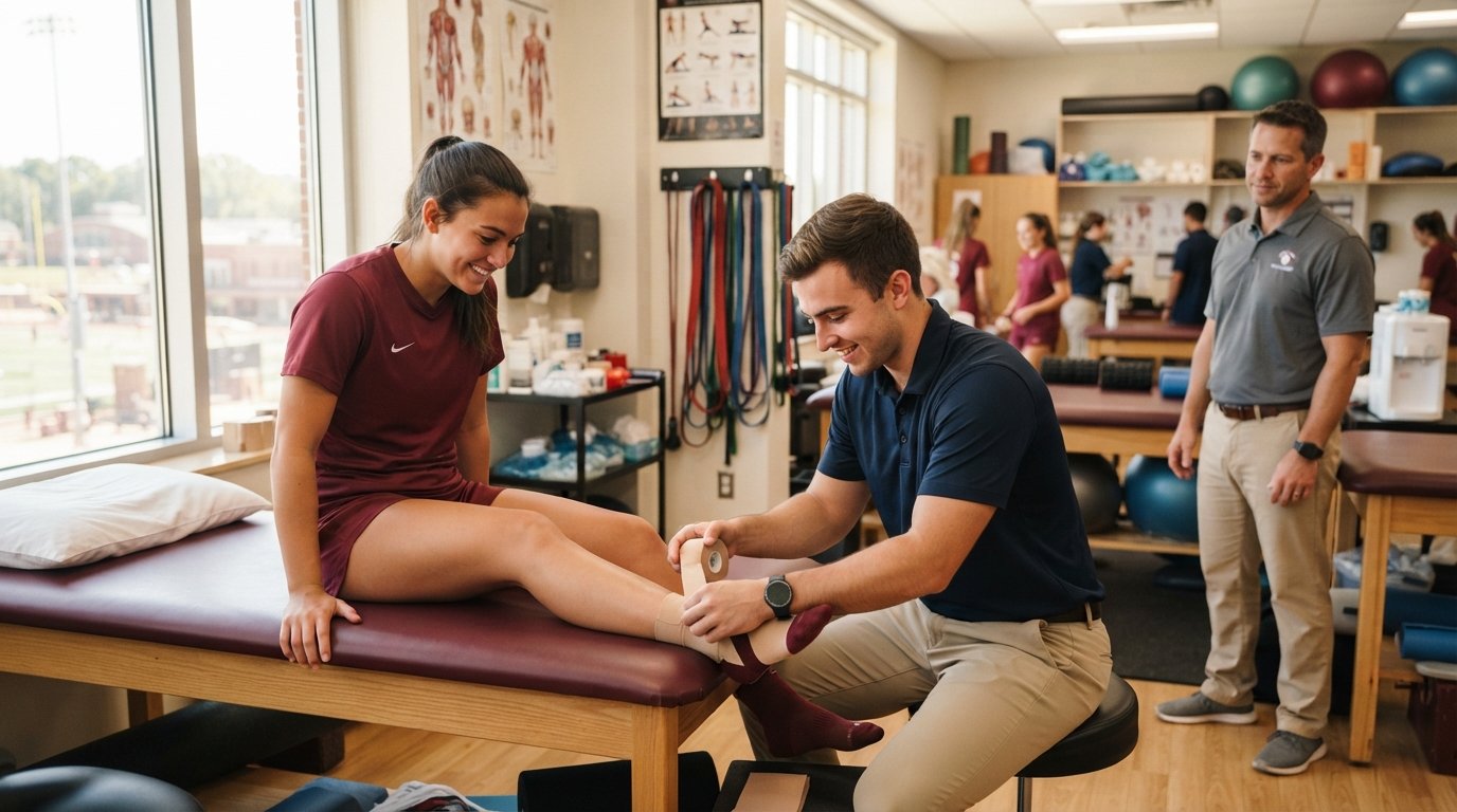 Athletic training student in navy polo wraps tan tape around a seated soccer player's ankle on a padded treatment table in…