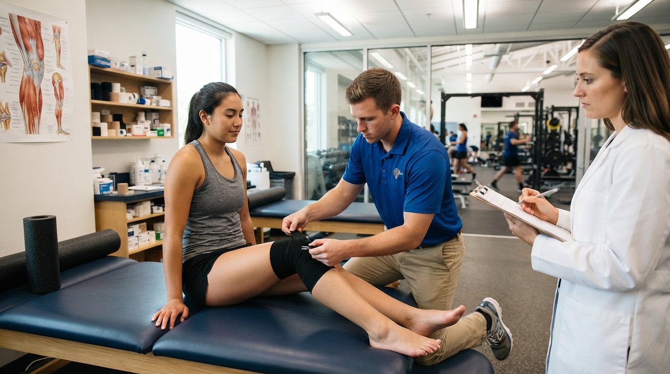 Male athletic training student wraps a female athlete's knee while a supervisor observes in a modern treatment room