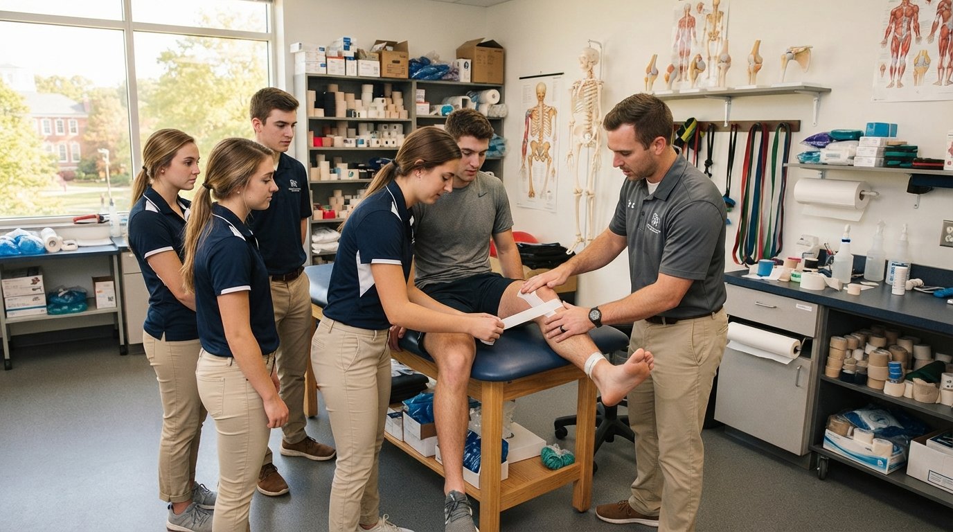 Athletic training students in navy and white polos tape a seated athlete's knee while an instructor guides hand placement…