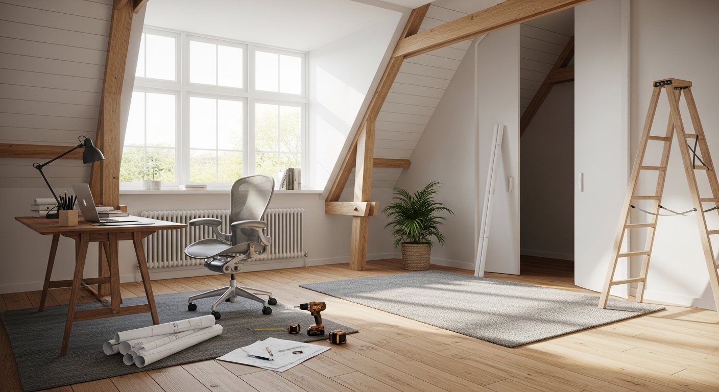 Bright finished attic conversion with dormer window, oak flooring, exposed beams, and a home office setup with blueprints…
