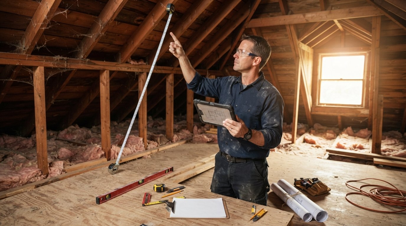 Contractor in safety glasses holds a tablet and points to a tape measure checking headroom under sloped roof trusses in an…