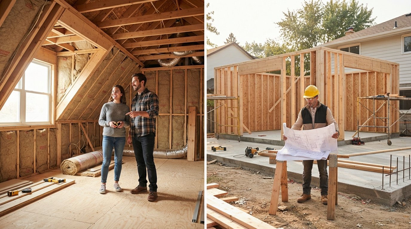 Couple stands in a partially finished attic with exposed rafters and a dormer window, beside an open home addition with…
