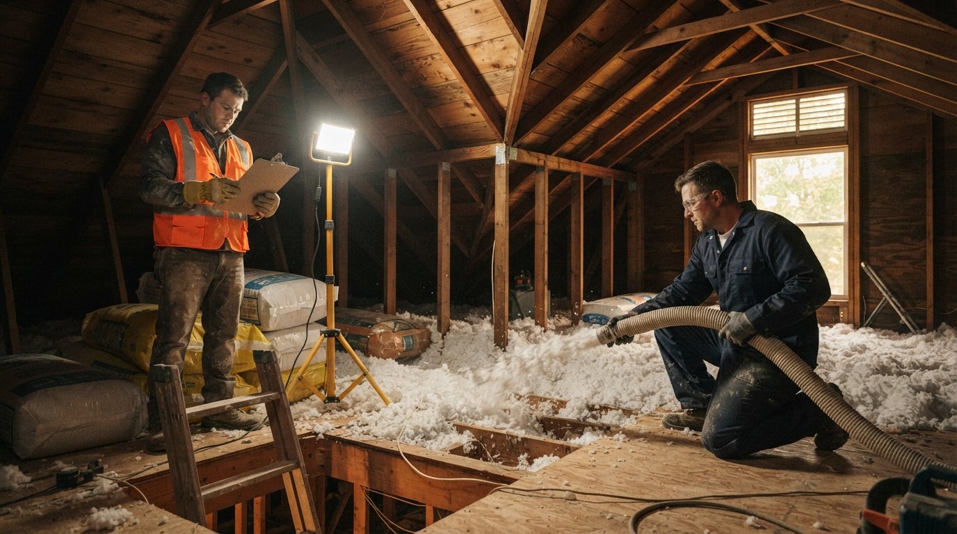 Contractor in navy uniform blowing loose white insulation across attic joists while coworker in orange vest checks…