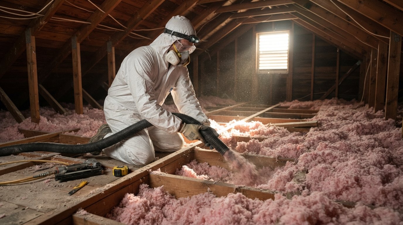 Insulation contractor in protective suit and respirator kneeling in attic, applying blown-in pink fiberglass insulation…