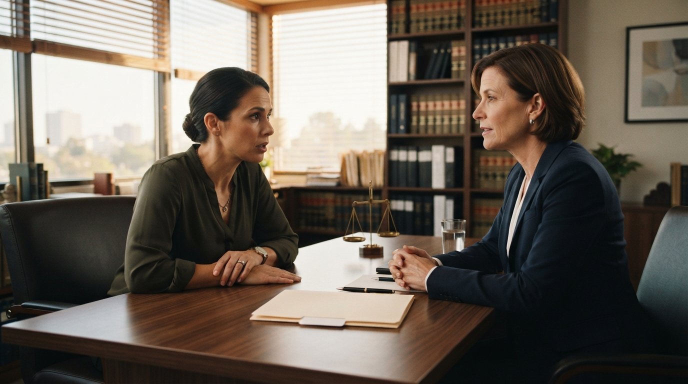 Attorney in dark suit and client in business casual sit across a polished wooden desk in a law office, with a manila folder…