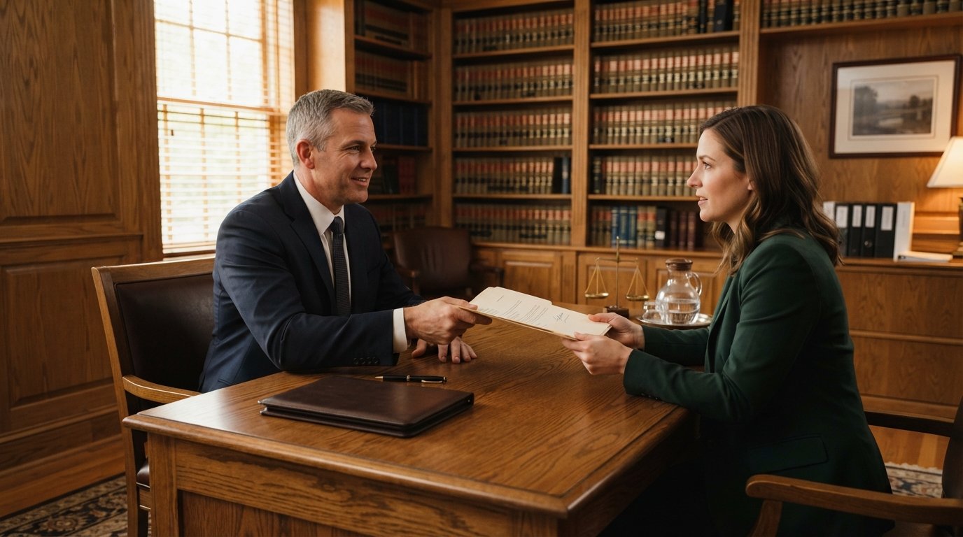 Lawyer in a dark suit hands a document across a wooden desk to a seated client in a private office with law books and a…