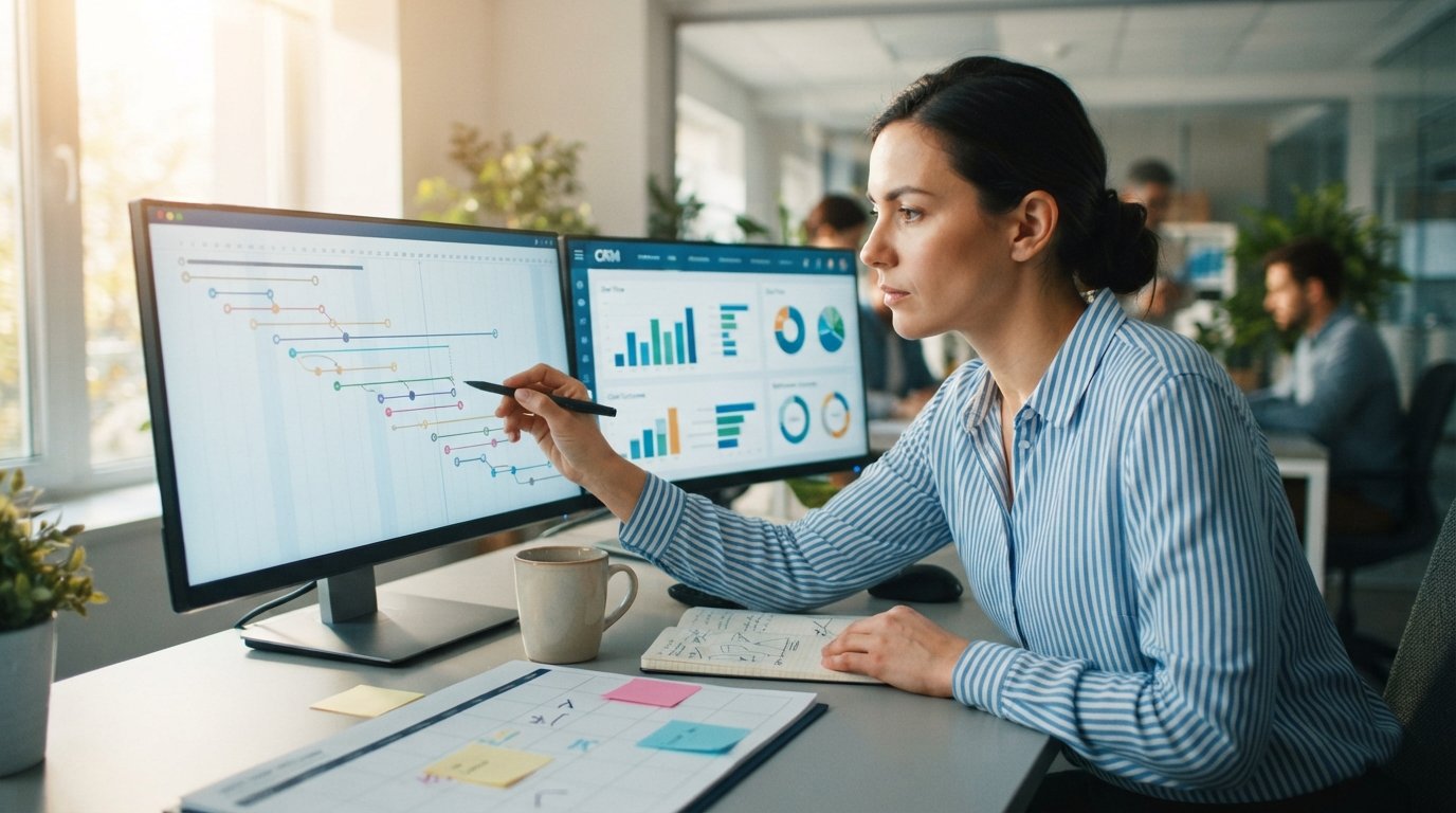 Marketing analyst at a desk tracing a long horizontal timeline chart on dual monitors, with a CRM dashboard and calendar…