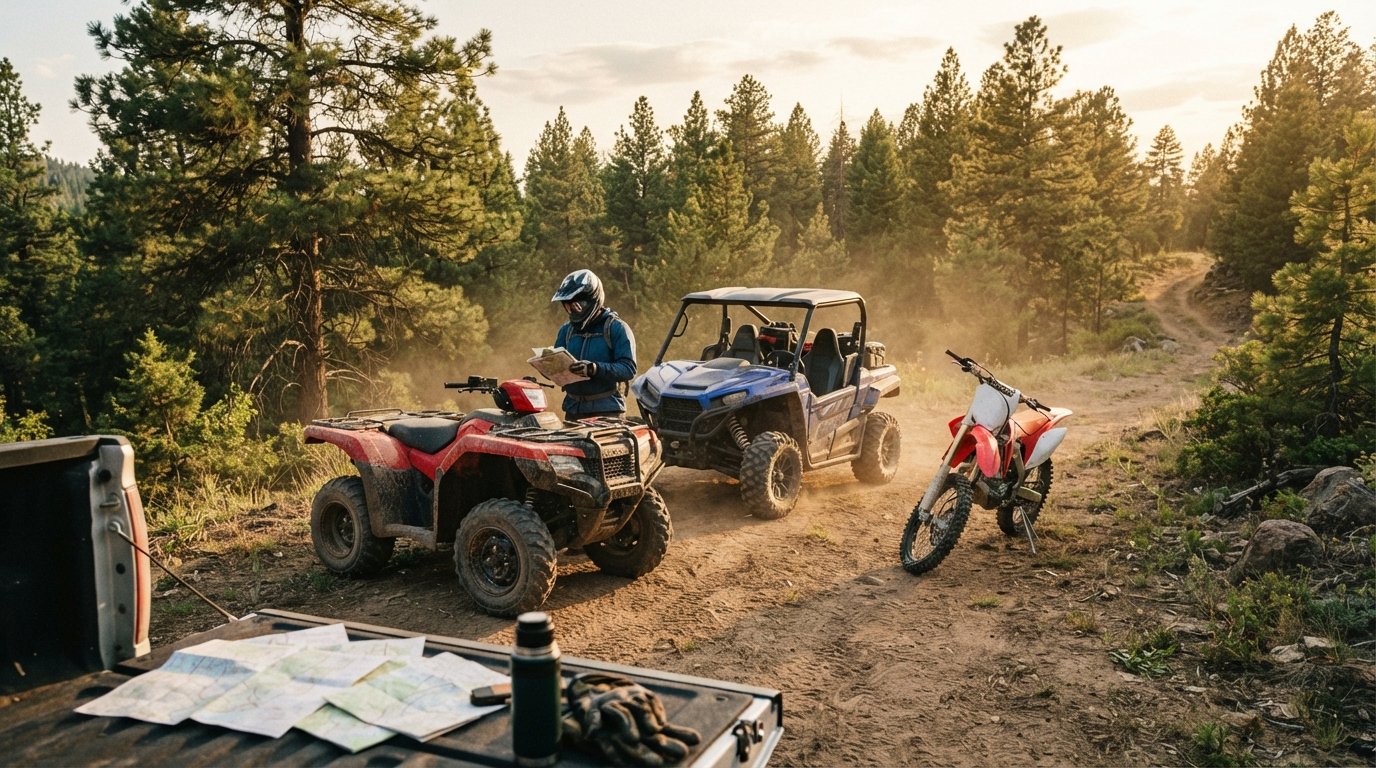 Red four-wheeler ATV and blue side-by-side UTV parked on a dirt trail beside a pine forest, with a helmeted rider holding a…
