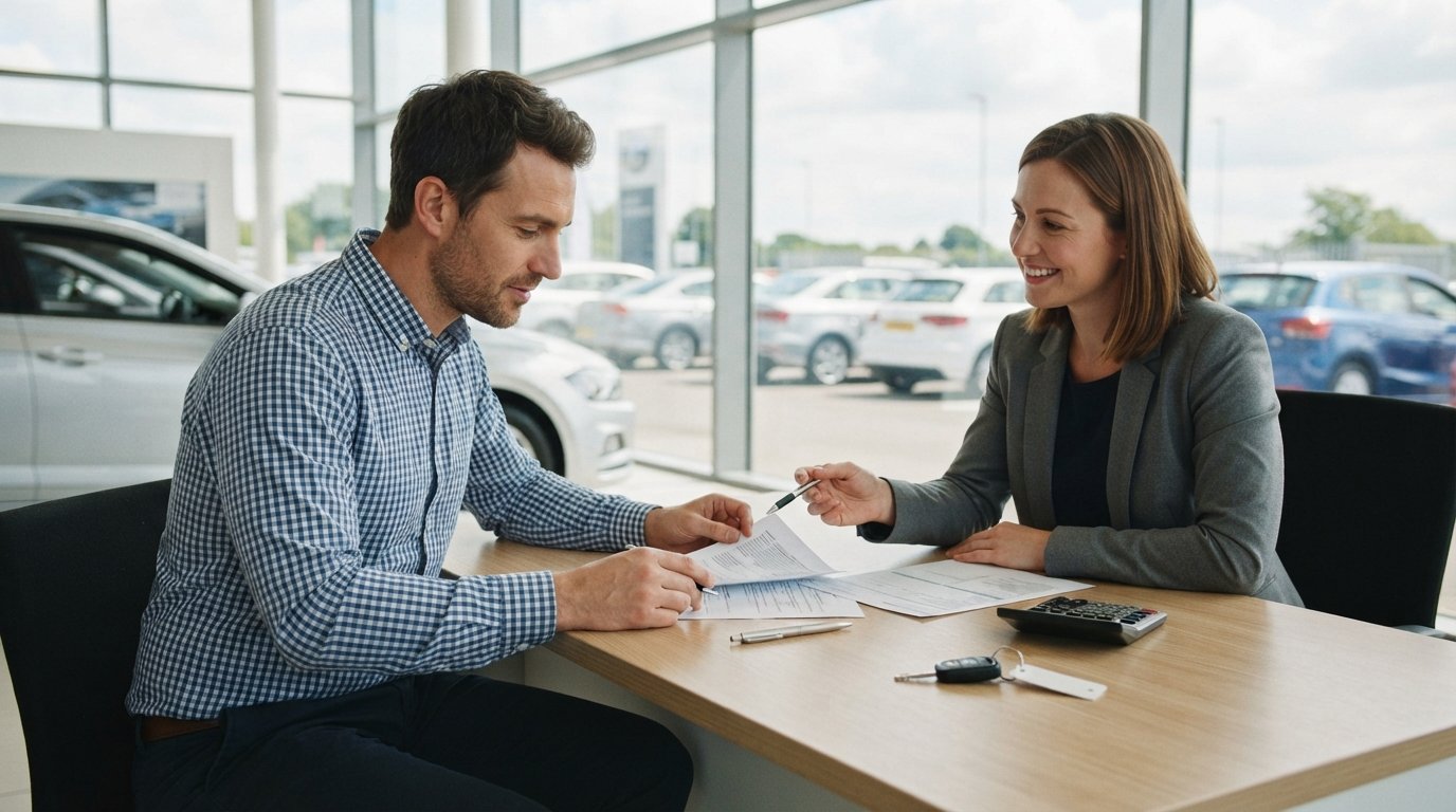 Man in a button-down shirt reviewing auto financing paperwork with a salesperson at a dealership desk, car keys and…
