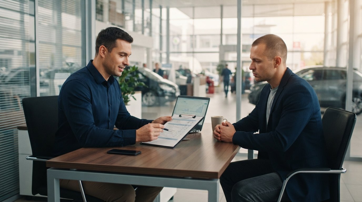 Sales manager in navy shirt reviews a printed qualification checklist with a buyer across a desk in a glass-walled…