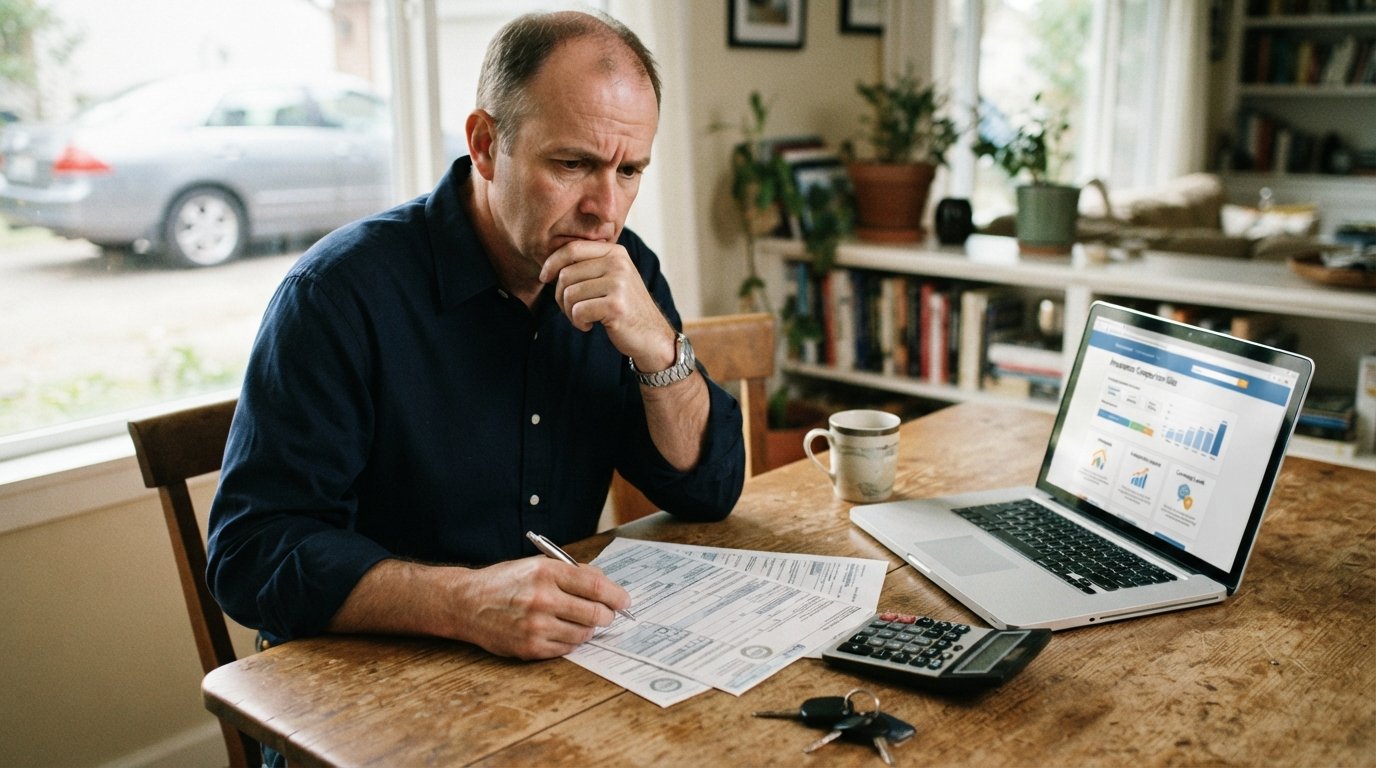 Man in navy shirt reviewing DMV paperwork at a kitchen table with calculator, car keys, and laptop showing insurance…