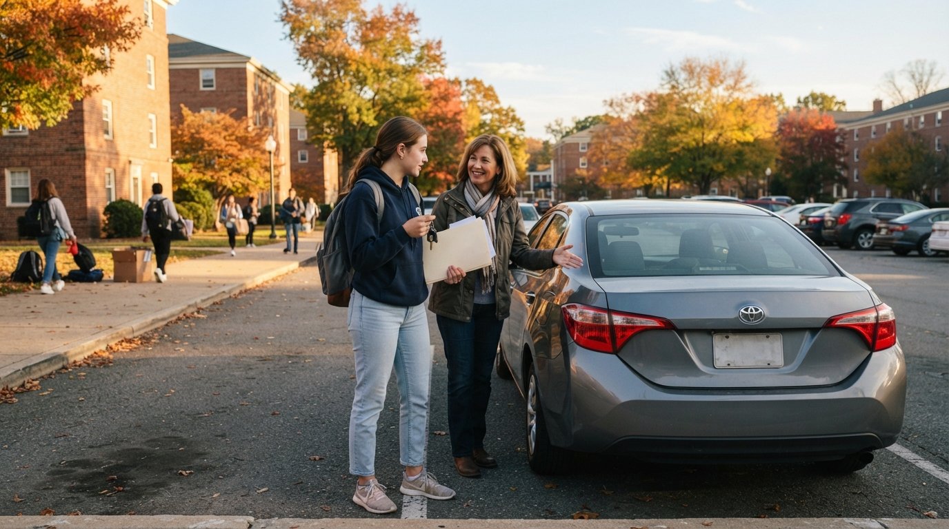 College student holding car keys and a document folder beside a compact sedan while a parent gestures toward the car in a…