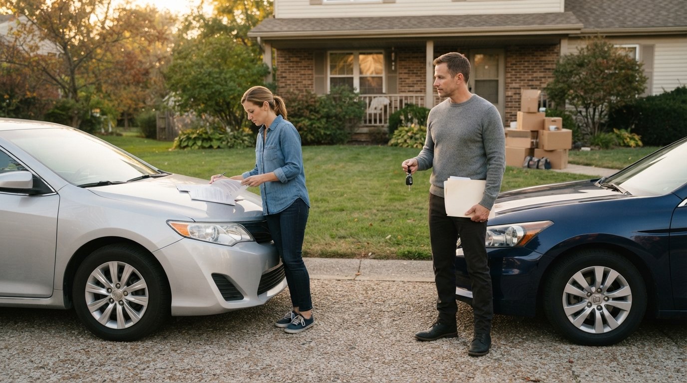 Man and woman in their 40s stand by two separate sedans in a driveway at golden hour, one holding car keys and insurance…
