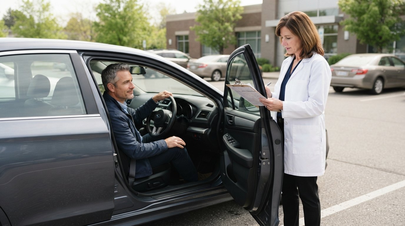 Middle-aged driver seated at the wheel of a parked sedan while a neurologist in a white coat reviews paperwork through the…