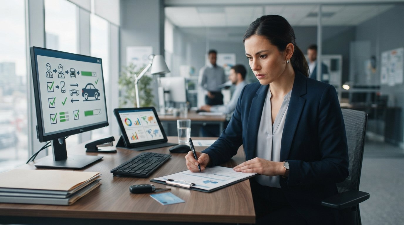 Compliance officer at a desk reviewing auto insurance forms, a driver verification checklist on a monitor, and a risk…