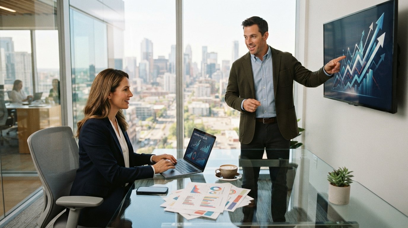 Two insurance professionals at a glass desk reviewing a laptop rate quote, smartphone, and printed charts beside a monitor…
