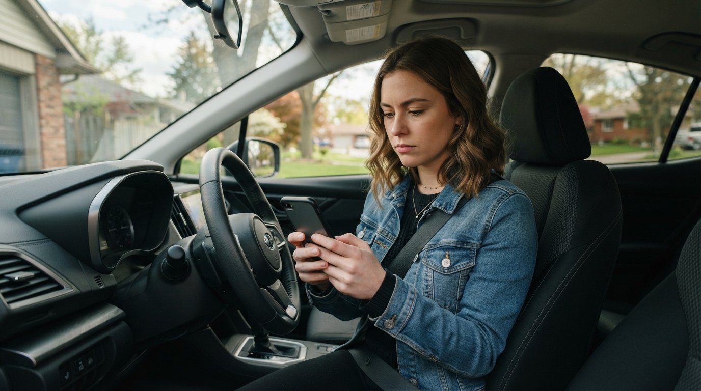 Young adult in a denim jacket sits in a compact car holding a smartphone, reviewing insurance options