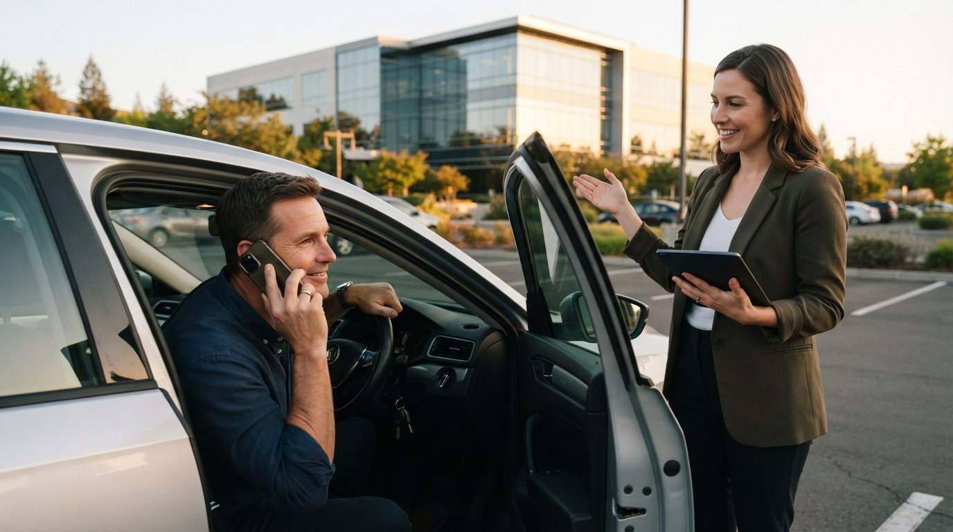 Middle-aged man in parked sedan on phone with insurance agent holding tablet outside car door