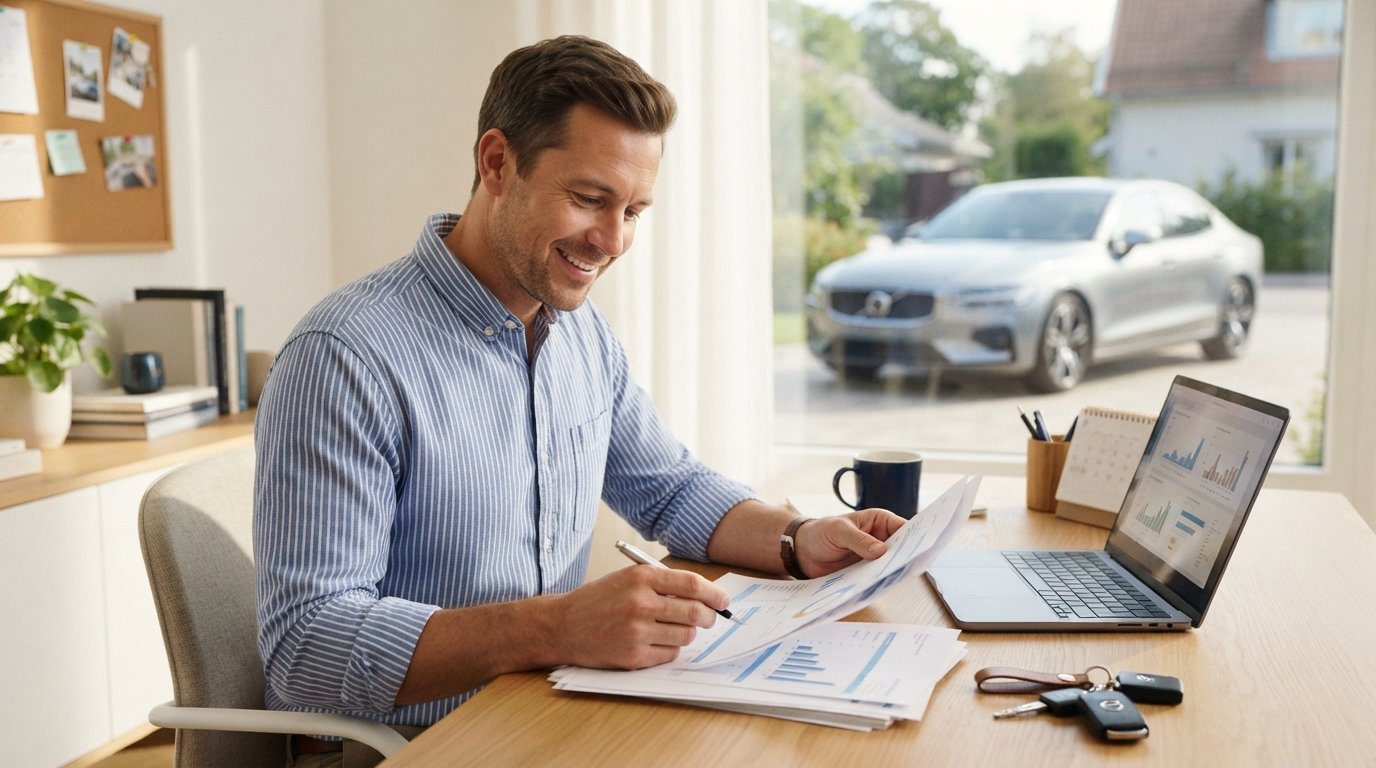 Man in a button-down shirt reviews paperwork at a home office desk with a laptop, car keys, coffee mug, and a sedan visible…