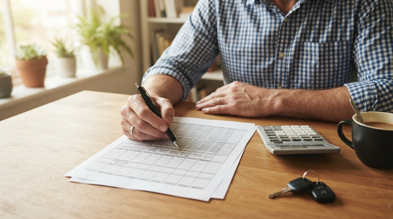 Hands on a desk beside a printed amortization table, calculator, pen, car keys, and coffee mug in warm window light