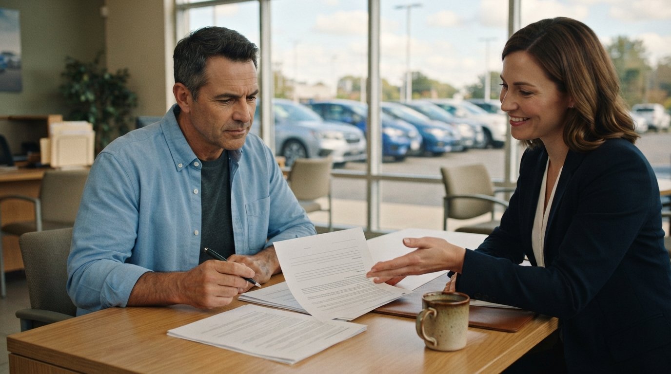 Middle-aged borrower in a button-down shirt reviews a printed auto loan contract with a pen at a dealership desk while a…