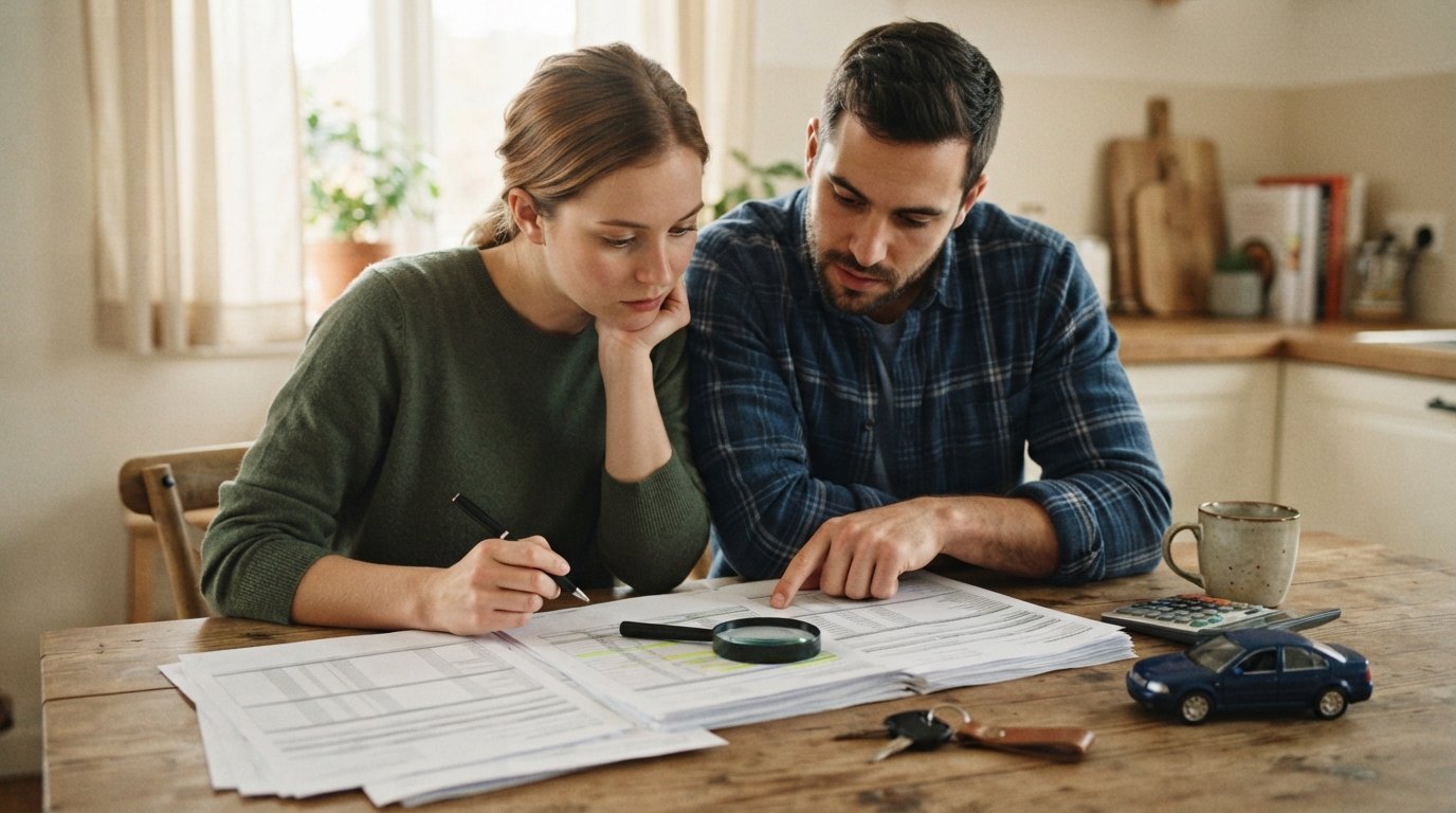 Couple at a kitchen table reviewing a lengthy auto loan agreement with a pen, calculator, magnifying glass, car keys, and a…