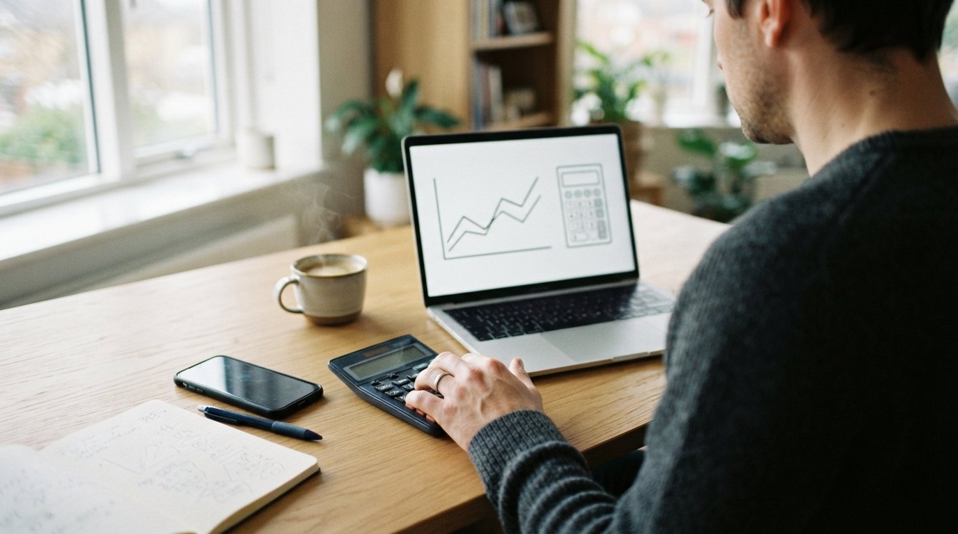 Person at a wooden desk using a calculator beside a laptop showing a line graph, with a phone, notepad, and coffee nearby