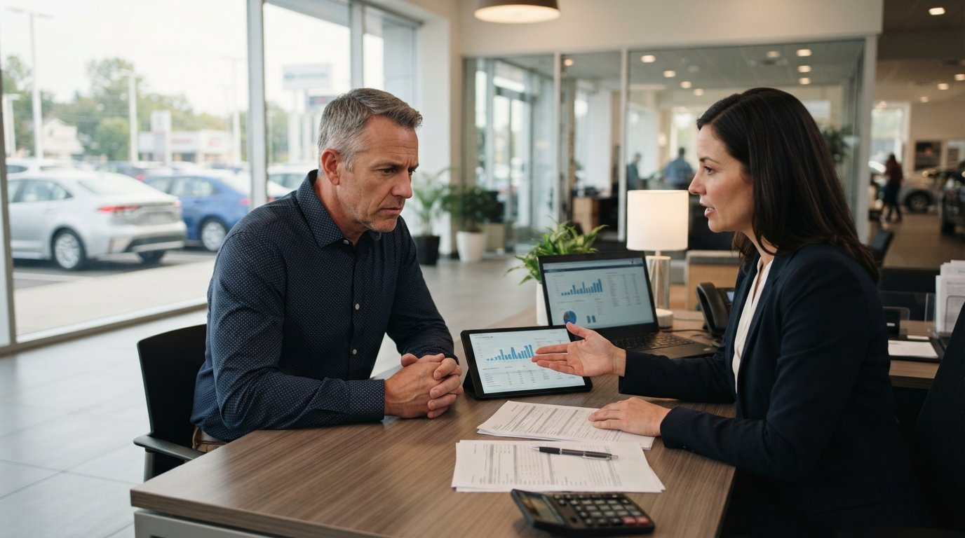 Middle-aged buyer in a button-down shirt reviewing loan paperwork with a finance manager at a dealership desk, tablet and…