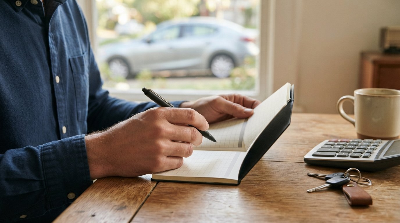Hands holding a car loan payment booklet and pen over a wooden desk with a calculator, car keys, and coffee mug, a blurred…