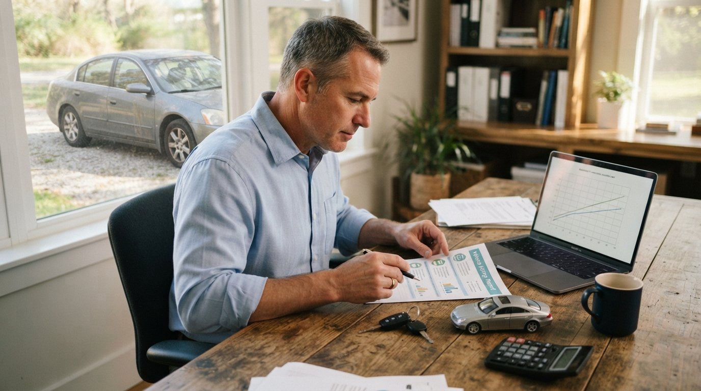 Man in blue shirt reviews a printed vehicle history report at a desk with a laptop, car keys, sedan model, calculator, and…