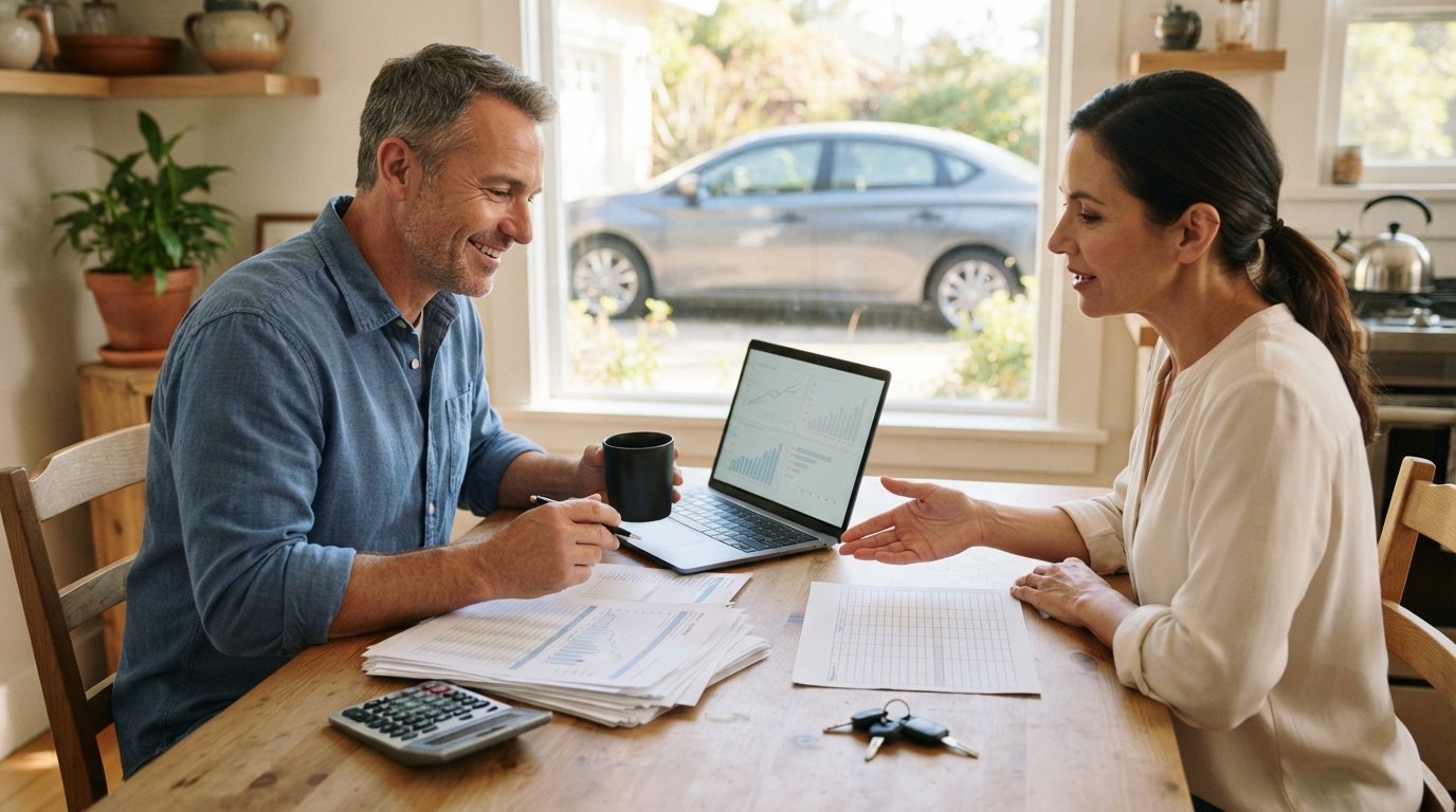 Man at a kitchen table reviews auto loan paperwork with a laptop, calculator, and coffee mug while a woman points to a…