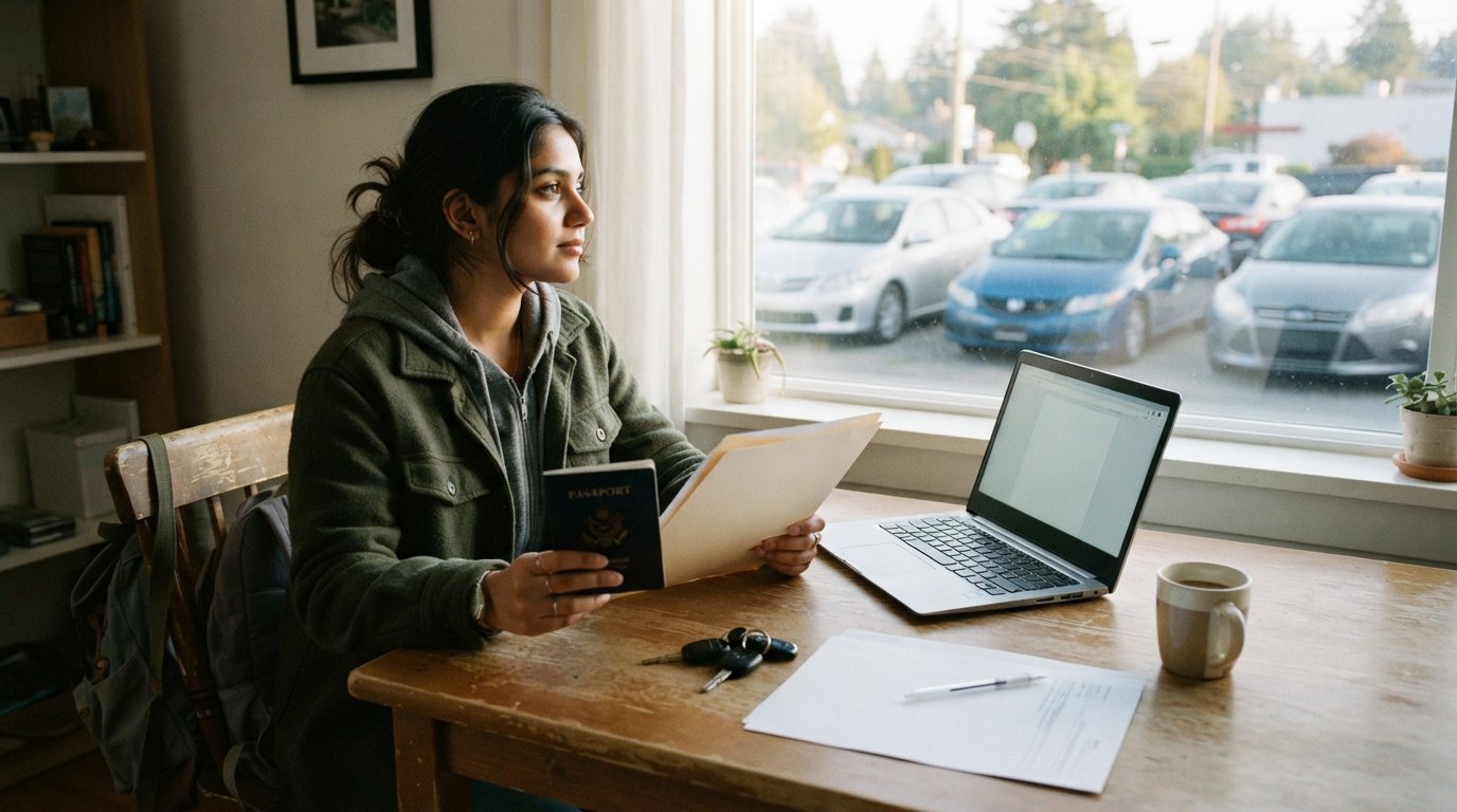 Young adult holding a passport and document folder at a kitchen table with a laptop, car keys, and a blank form, dealership…