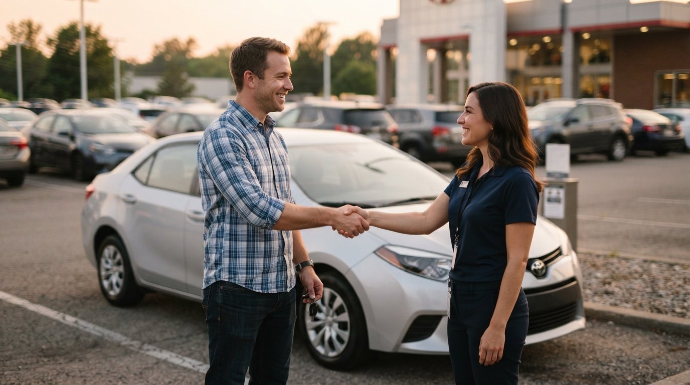 Man in a button-down shirt shaking hands with a salesperson beside a used sedan in a dealership lot at sunset
