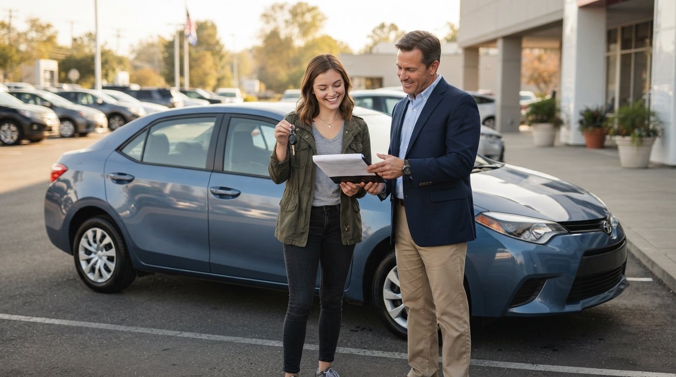 Smiling first-time buyer holding car keys while reviewing paperwork with a salesperson beside a used sedan on a dealership…