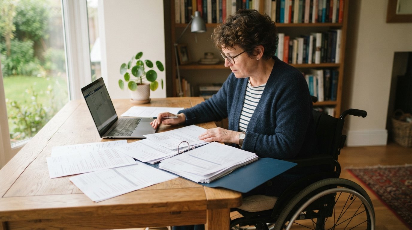 Person in a wheelchair at a wooden desk reviewing benefit award letters and financial documents beside a laptop, pen in hand