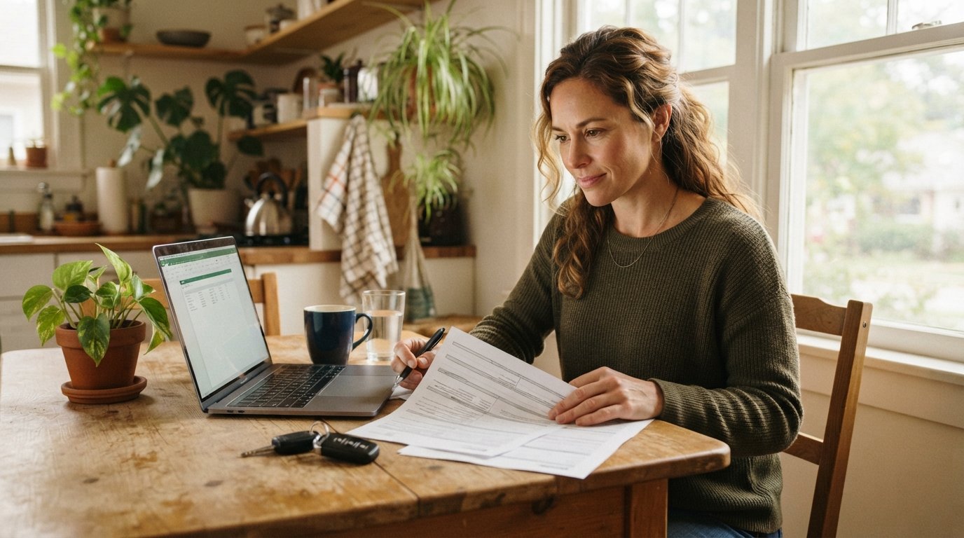 Person reviewing auto loan paperwork at a kitchen table with a laptop, car keys, coffee mug, and pen in warm window light