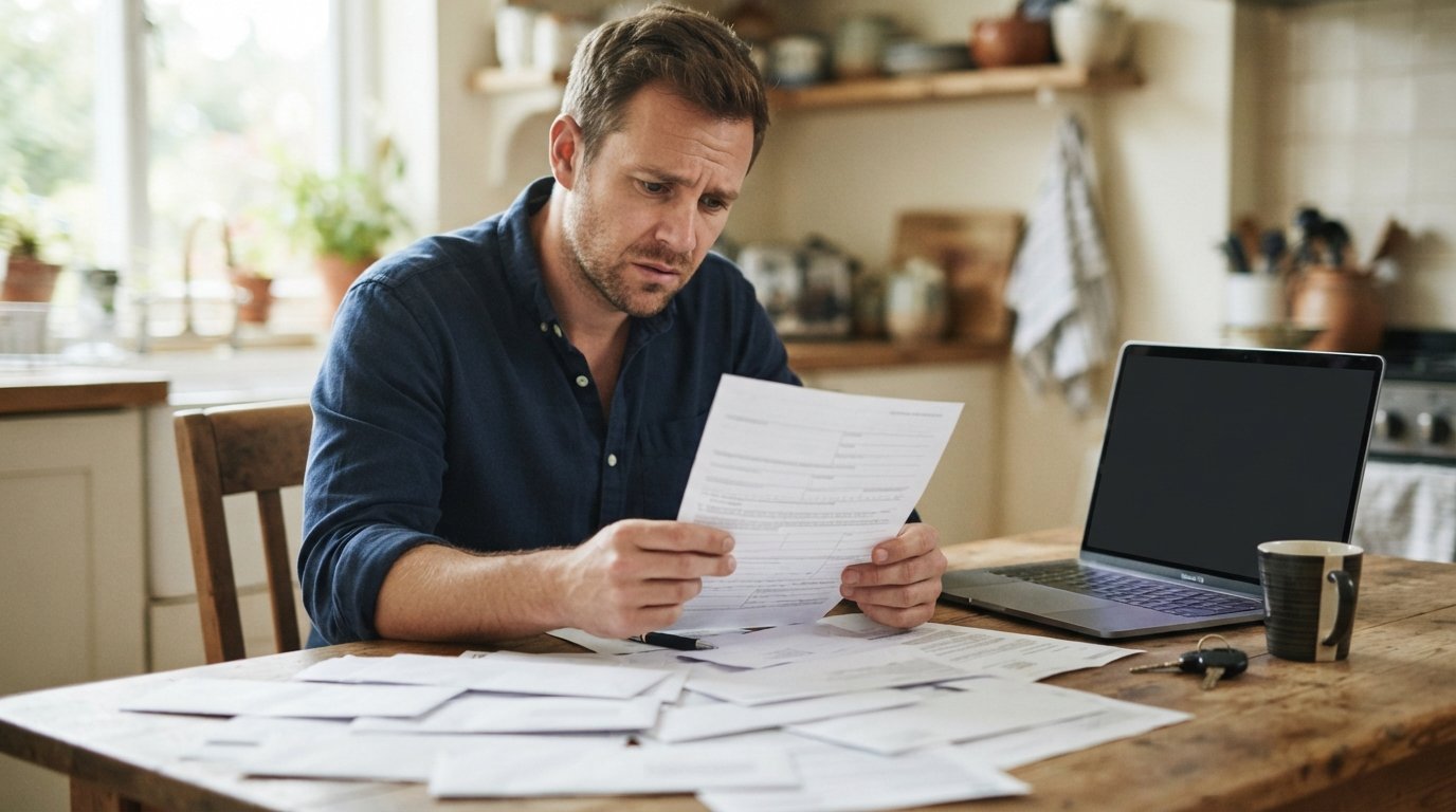 Concerned man in his 30s at a wooden kitchen table holding a document among opened envelopes, with a laptop, coffee mug,…