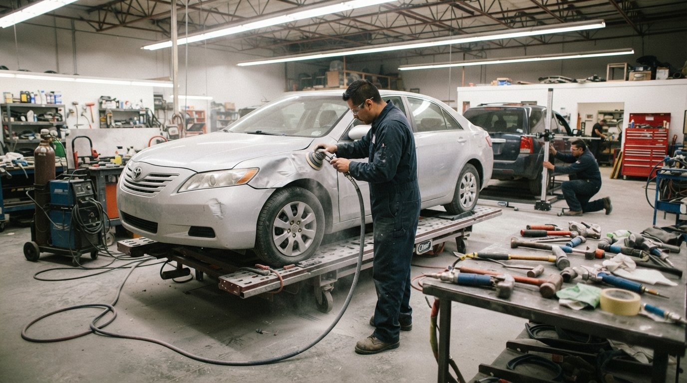 Technician in dark blue coveralls and safety glasses sands a dented fender on a silver sedan mounted on a frame rack in a…