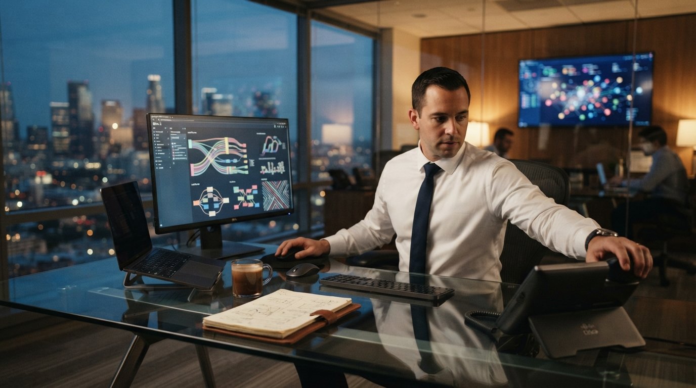 Loan officer in white shirt and navy tie at a glass desk, studying lead routing diagrams on a monitor while reaching for a…